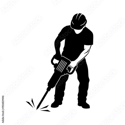 Construction worker in black silhouette using jackhammer for demolition or excavation work on a project