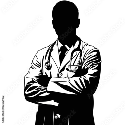 Confident doctor silhouette with stethoscope and crossed arms in white lab coat standing against plain background