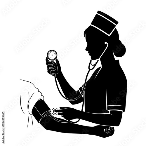 Nurse taking blood pressure of patient in medical setting with stethoscope and sphygmomanometer