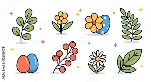 A collection of colorful spring-themed icons featuring flowers, leaves, and decorative eggs in flat vector style, perfect for seasonal designs and celebrations