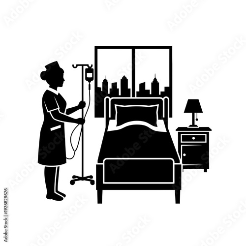 Nurse administering iv drip to patient in hospital bed with city skyline view