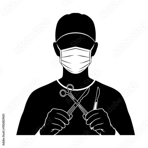 Medical professional in mask and cap holding surgical tools representing healthcare and medical procedures in a sterile environment