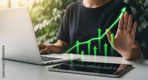 Business Growth Chart with Upward Arrows and Person Working on Laptop, Digital Marketing Strategy Success, Financial Investment Increase, Stock Market Analysis.
