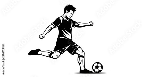 Soccer player kicking the ball with focused determination and power in a dynamic action pose.
