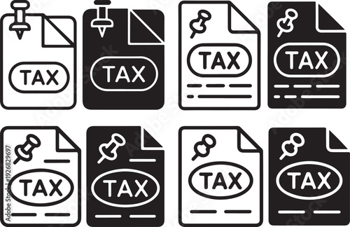 Tax document icon collection. Includes tax forms, pinned documents, and financial papers. Created in outline and solid styles with a black and white palette.