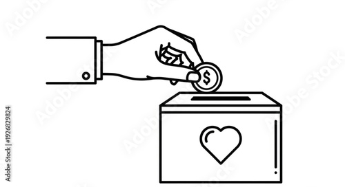 Hand dropping coin into donation box for charity and giving.