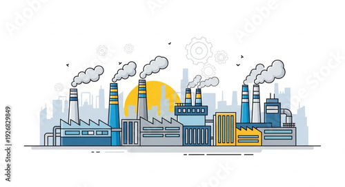 Industrial complex illustration depicting factories with smoke stacks and pollution.