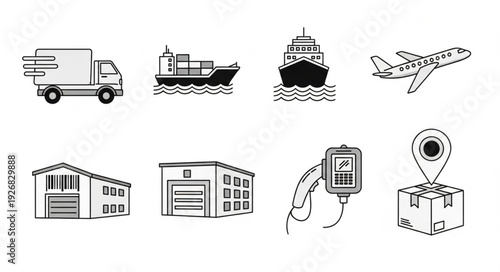 Transportation and logistics icons depicting various shipping methods and tracking.