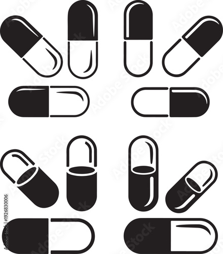 Pill capsule icon collection. Includes medicine, drug, pharmacy, health, and medical symbols. Created in black and white silhouette style with monochrome palette.