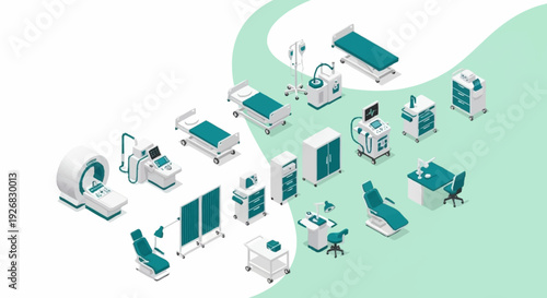 Isometric Hospital Room with Medical Equipment and Furniture.
