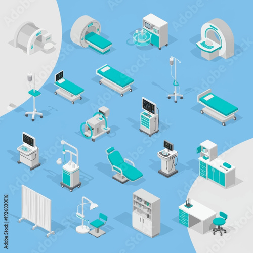 Medical equipment and hospital furniture illustration set.