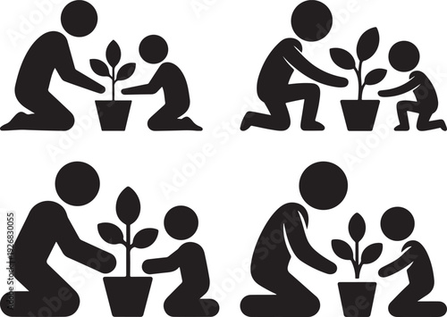 Parent and child planting icon collection. Includes adult and kid planting a seedling in a pot, nurturing, and growing together. Created in solid black silhouette style with a monochrome palette.