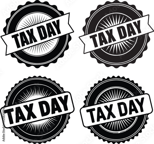 Tax Day black and white stamp collection. Includes four different circular badge designs with a banner reading "TAX DAY" and sunburst elements. Created in a monochrome flat style.