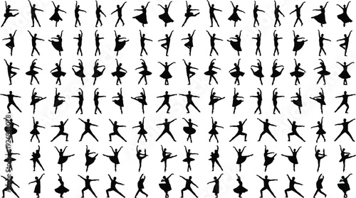 Large dancer silhouette collection featuring ballet and modern dance poses showing graceful movement choreography isolated on white background illustration