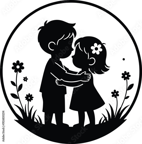 Black and white silhouette of a young boy and girl hugging in a floral garden circle frame, cute childhood friendship and innocent love concept