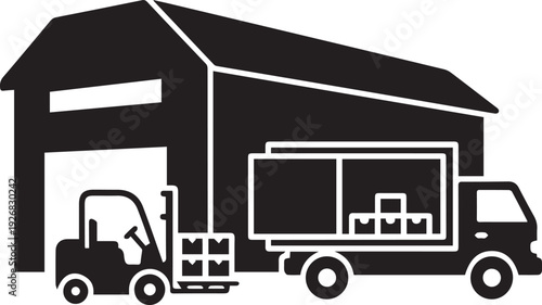 Black silhouette of a forklift loading boxes into a delivery truck in front of a warehouse
