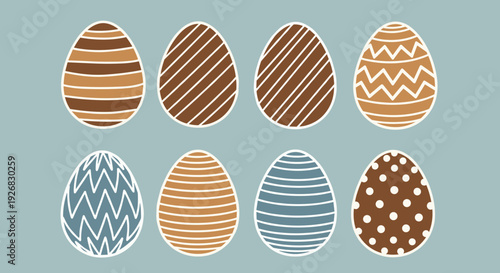 A collection of eight decorated Easter eggs in modern vector style with various patterns and colors, ideal for spring celebrations and holiday designs
