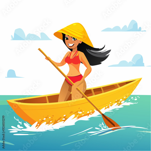 Woman paddling an orange boat on serene water amidst autumn leaves and foliage