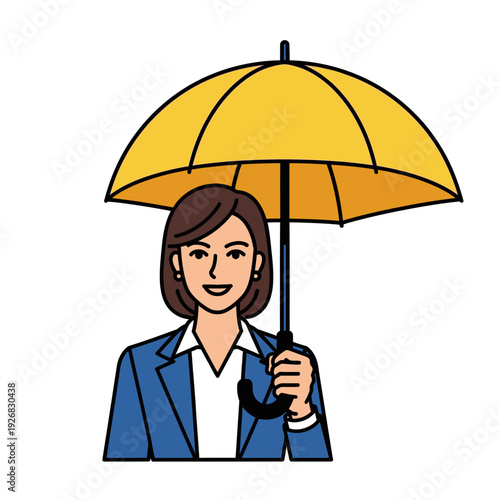 Businesswoman holding yellow umbrella for protection and safety against adverse conditions