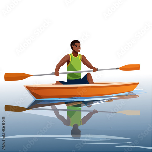 Woman paddling an orange boat on serene water amidst autumn leaves and foliage