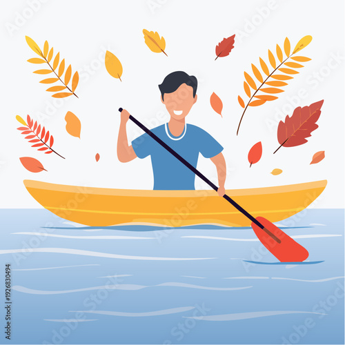 Woman paddling an orange boat on serene water amidst autumn leaves and foliage