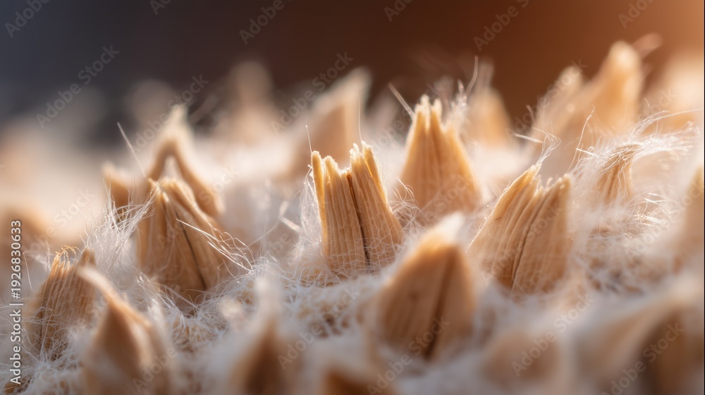 Fototapeta premium Close view of seeds and fibers in natural setting during daylight
