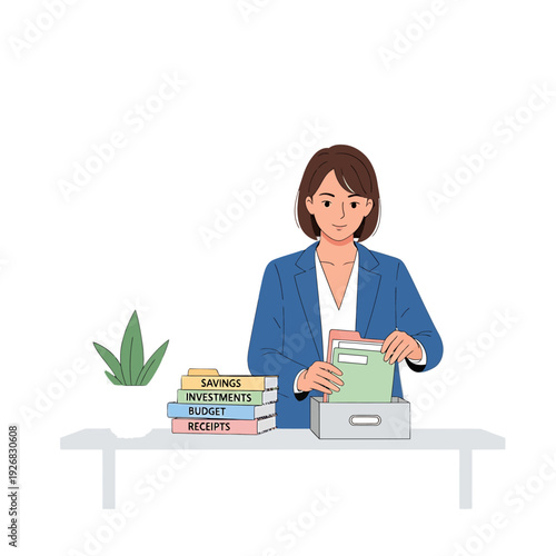 Illustration of a businesswoman organizing financial documents and books on a desk with a plant