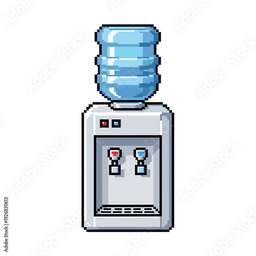 Pixel art illustration of a water cooler with a blue bottle on top