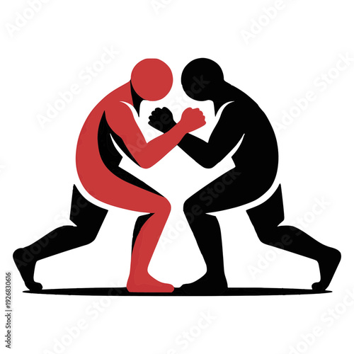 Wrestling Silhouette: Dynamic silhouettes of two wrestlers locked in a fierce grapple, embodying the raw power and intensity of the sport. The red and black figures contrast dramatically.