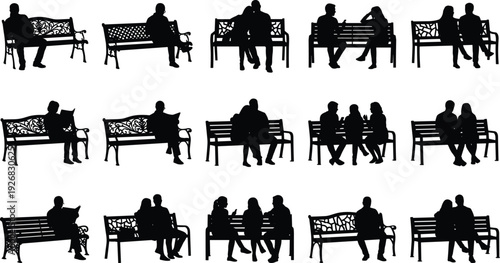 Park bench people silhouettes collection featuring couples, friends and individuals sitting, talking and relaxing in urban public outdoor environmentPark bench people silhouettes 