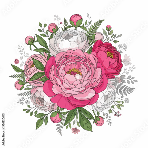 Digital illustration of a vibrant floral arrangement with pink and white peonies, green leaves, and subtle grey foliage on a clean white background.