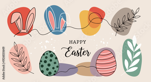 A collection of colorful Easter eggs and bunny ears in a modern vector style with decorative leaves, perfect for spring holiday designs