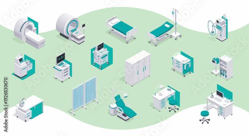 Hospital Room Medical Equipment and Furniture Isometric Illustration.