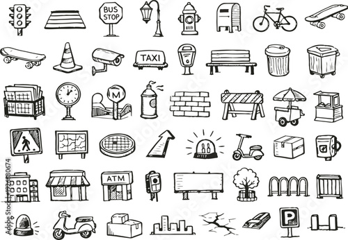Urban City Infrastructure Hand Drawn Icon Set in Sketch Style
