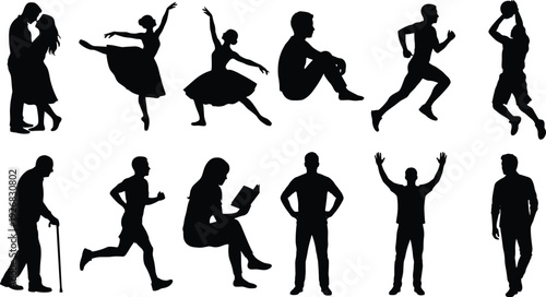 People lifestyle silhouette collection featuring dancing running reading walking celebrating and everyday human activity poses isolated on white background illustration