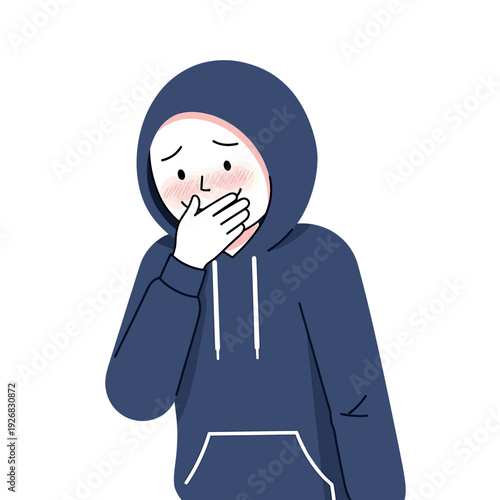 Anxious cartoon character in blue hoodie covering mouth with hand on plain white background