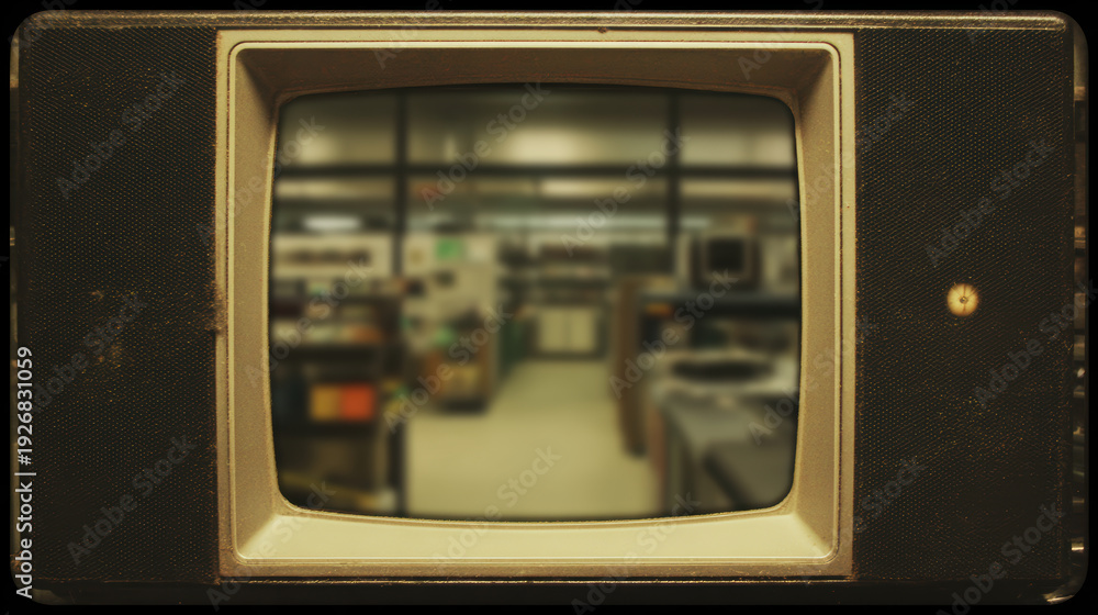 Fototapeta premium Vintage television screen reflecting blurred retro office interior with warm tones and nostalgic atmosphere