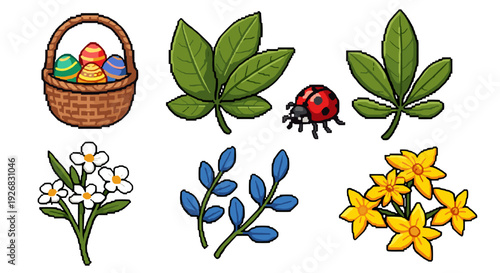 A collection of colorful Easter eggs in a basket, vibrant flowers, leaves, and a ladybug in a playful cartoon style, perfect for spring-themed designs