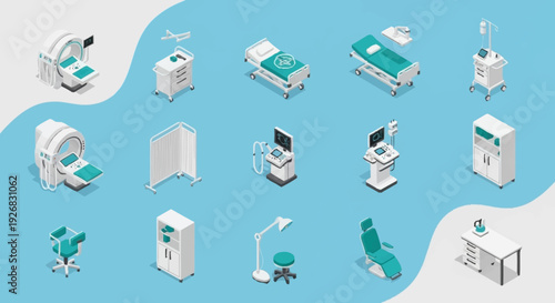 Hospital Room Medical Equipment Icons Set.