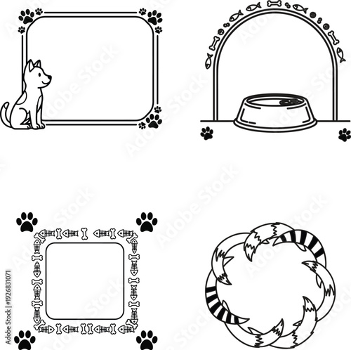Cute pet themed frames with paws, tails and food icons