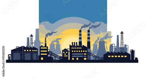 Industrial complex silhouette against a vibrant sunset sky with smoke.