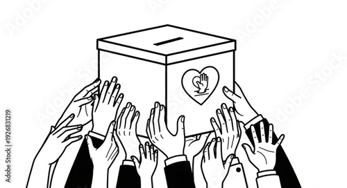Hands reaching for a ballot box, symbolizing voting and participation in elections.