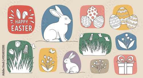 A collection of Easter-themed illustrations featuring a bunny, colorful eggs, flowers, and festive elements in modern flat vector style, perfect for holiday greetings and decorations