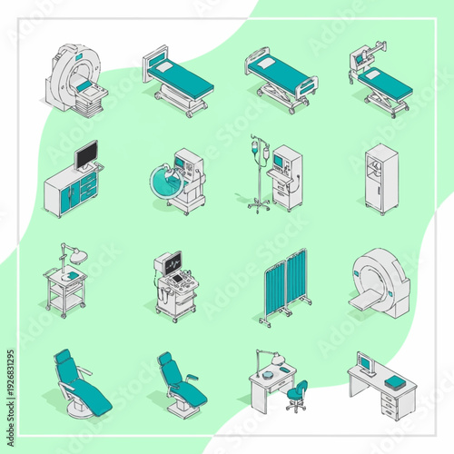 Medical equipment and hospital furniture icons set on green background.