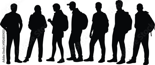 Full length silhouettes of diverse group of young people with backpacks standing together isolated on white background for travel, education, and community concepts