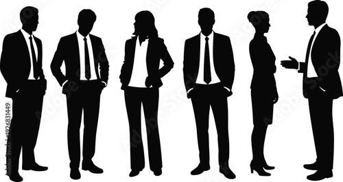 Silhouette collection of professional business men and women standing in formal suits isolated on white background for corporate team diversity and networking concept