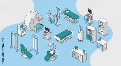 Isometric illustration of a hospital room with medical equipment and furniture.