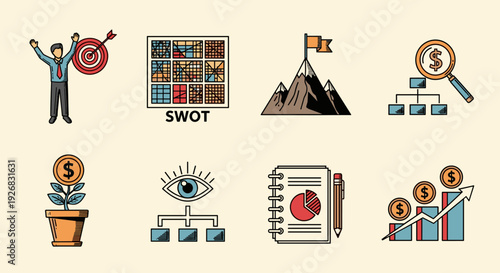 A collection of business and strategy icons including SWOT analysis, growth charts, and financial symbols in colorful vector style, suitable for presentations and marketing materials