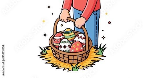 A person holding a basket filled with decorated Easter eggs in playful cartoon vector style, perfect for spring celebrations and holiday designs