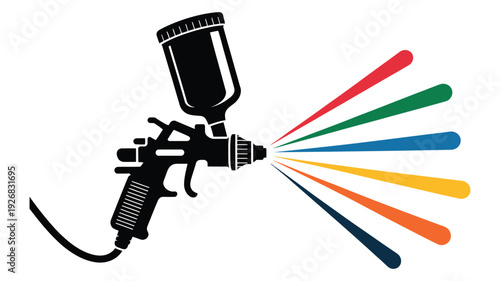 Spray paint gun artwork showing professional spray equipment, paint mist effect, detailed nozzle and handle design, creative illustration for automotive refinishing, and artistic applications, 